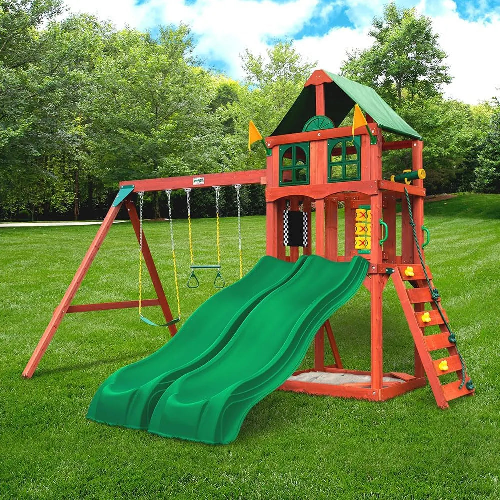 Gorilla Playsets 01-1057 Playmaker Deluxe Wooden Swing Set with Vinyl Canopy Roof, Dual Wave Slides, and Rock Climbing Wall, Redwood Stained Cedar