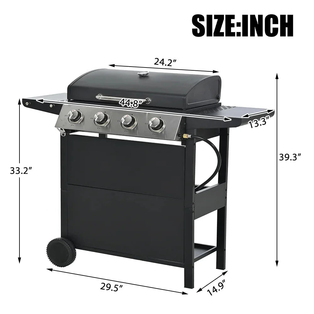 SEGMART 4 Burner BBQ Propane Gas Grill, Stainless Steel 34,200 BTU Patio Garden Barbecue Grill with Two Foldable Shelves & Thermometer, Perfect for Camping, Outdoor Cooking