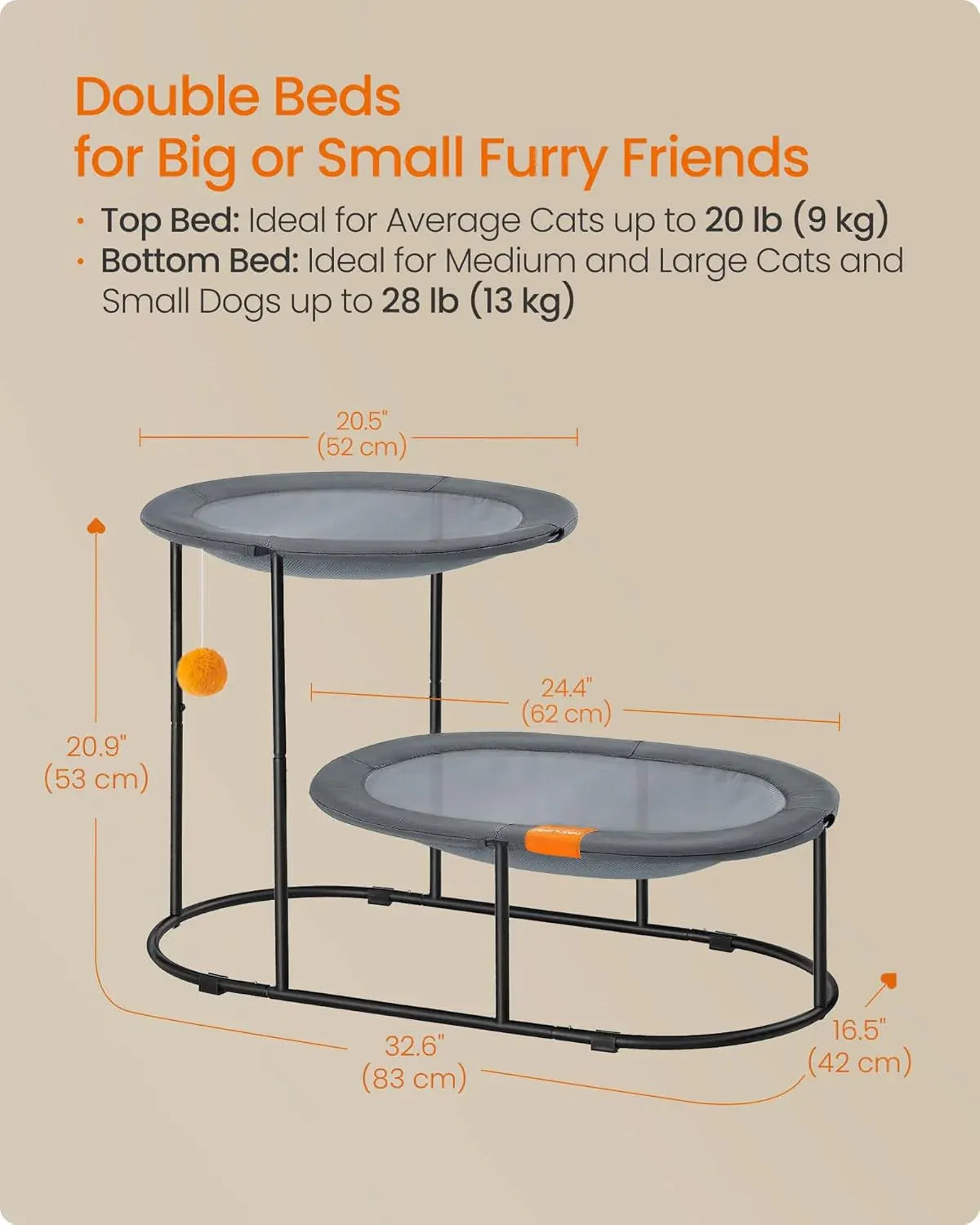 Feandrea 2-Tier Elevated Cat Hammock Bed, Breathable Furniture for Multi-Cat Households Indoor and Outdoor, with Removable Washable Mesh, Steel Frame, for Summer, Dove Gray UPCB012G01
