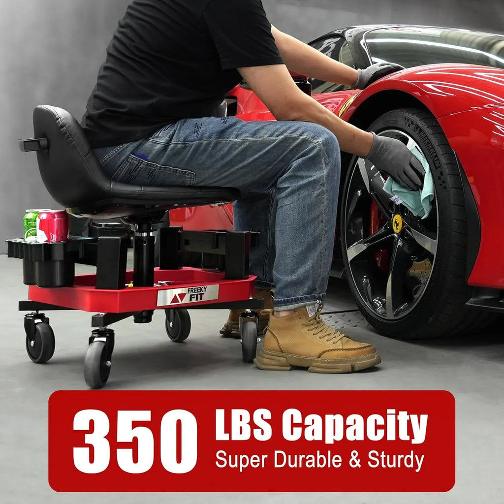 Rolling Shop Stool with Wheels, Adjustable Garage Mechanic Stool Seat Shop Roller Work Chair Mobile Rolling Seat with Tool Tray, 2 Cup Holders, 4 Casters, 350 LBS, Heavy-Duty, Red