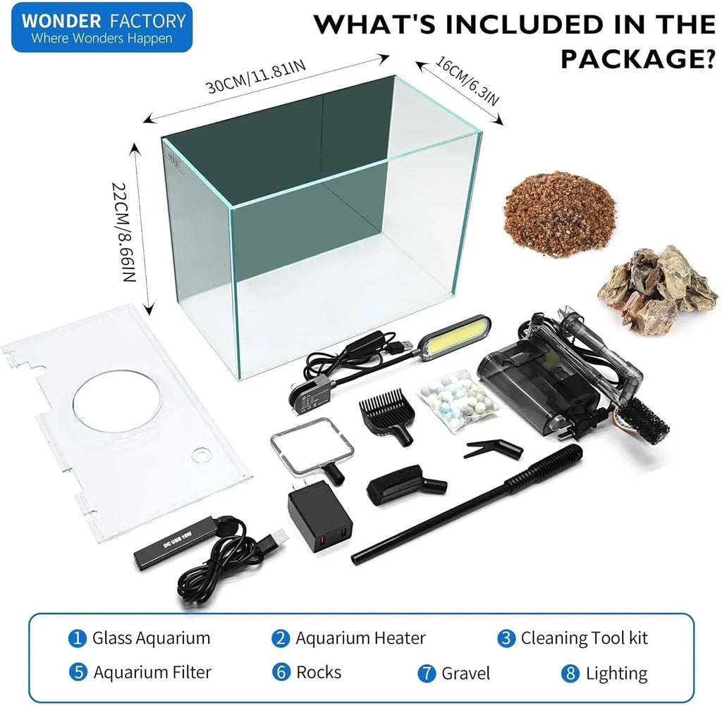 Small Aquarium Set Glass 2.6 Gallon Fish Tank, Starter Kit with Heater Self Cleaning System Efficiency Filter Bright Light Rocks Gravel Cleaning Tool, Leak-Proof Ultra-Clear Rimless Desktop Betta Tank