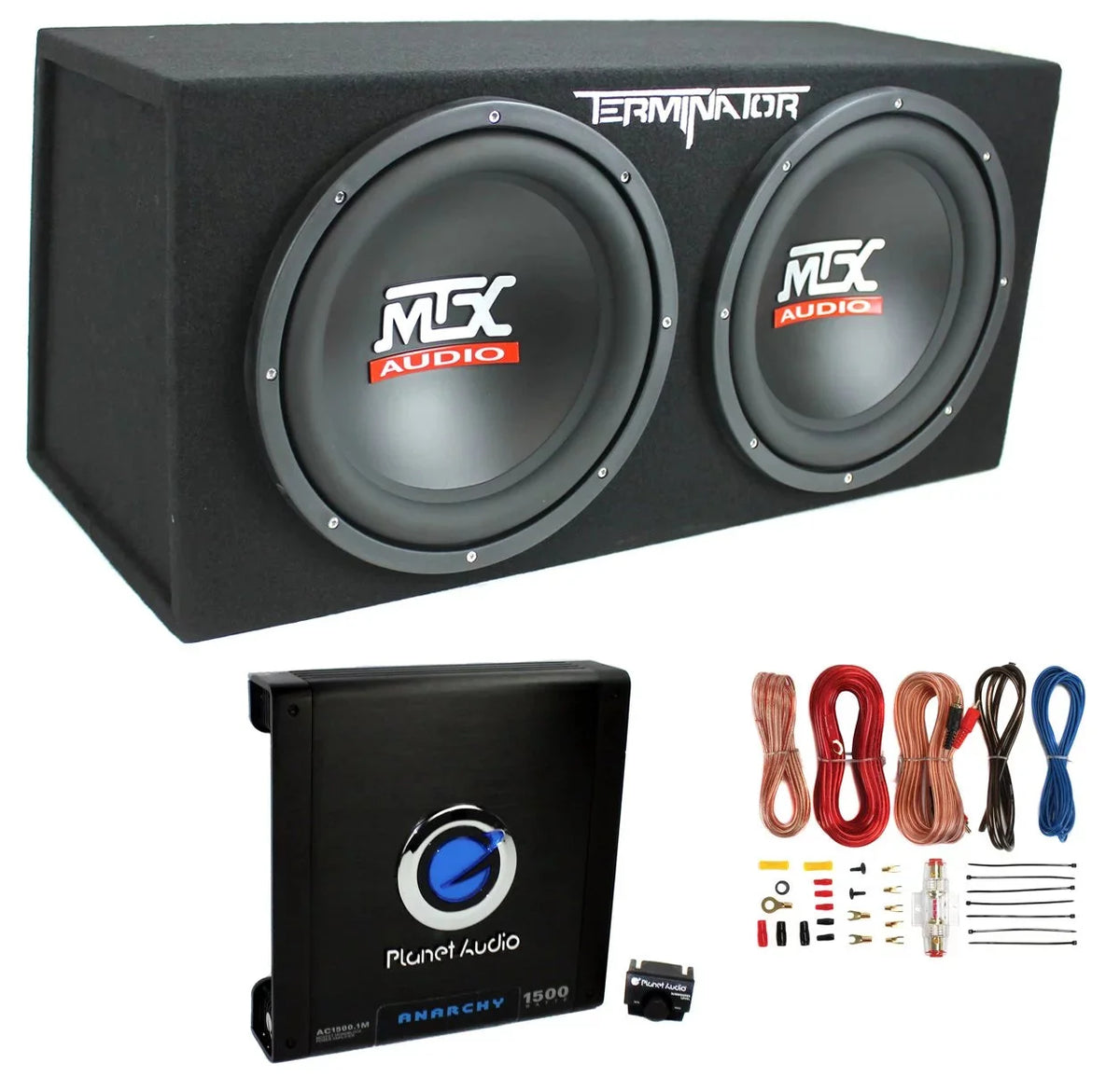 MTX TNE212D 12 1200W Dual Loaded Car Subwoofers + Box + Planet 1500W Amp + Kit