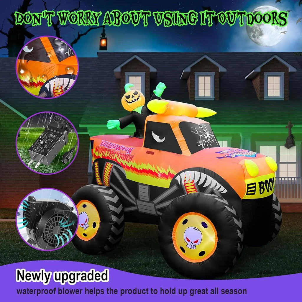 8FT Halloween Inflatable Pumpkin Monster Truck, Inflatable Vehicle Yard Decorations Built-in 8 LED for Halloween Inflatables Outdoor Decoration Home Party Supplies Lawn Halloween Decor