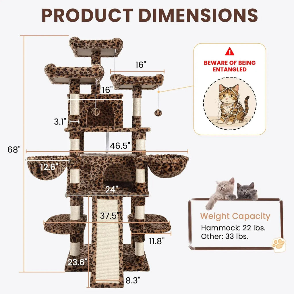 68 Inches Multi-Level Large Cat Tree for Large Kitties/Big Cat Tower with Condo/Cozy Plush âPussycat Perches/Sisal Scratching Posts and Hammocks/Activity Center/Leopard Print