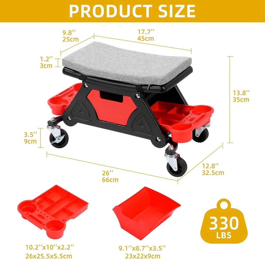Mechanic Stool, 300 LBS Garage Stool on Wheels, Heavy Duty Rolling Mechanics Seat, Rolling Stools Seat with Wheels for Automotive Auto Repair, Shop
