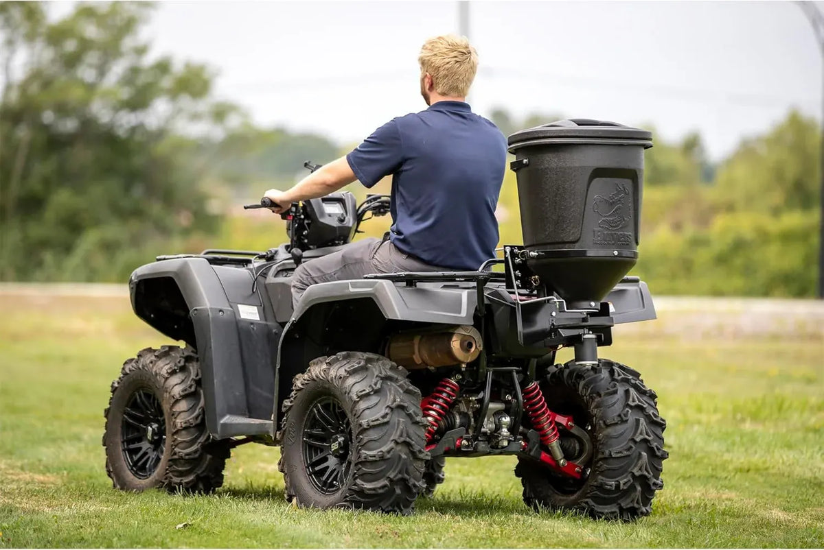ATVS15A ATV All Purpose Broadcast Spreader for All-Seasons Hunting Deer Feeder, Seed, Fertilizer, Rock Salt and More, 15 Gallon Capacity, Black, 12