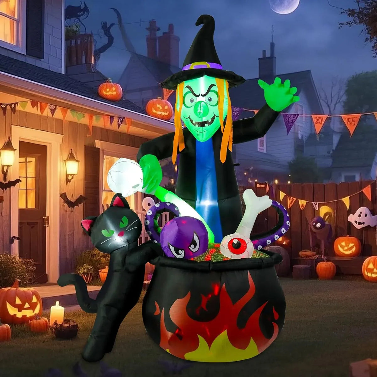 Halloween Inflatable Witch with Cauldron Pot 6FT Halloween Blow Up Inflatables Outdoor Decorations with Build-in LEDs for Home Yard Lawn Garde