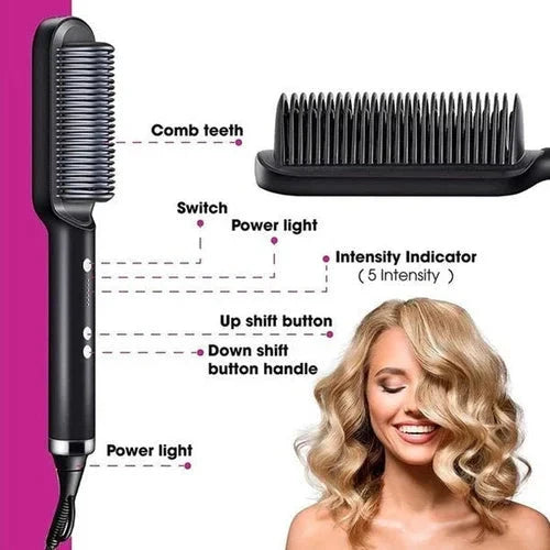 Heated Hair Styling Comb with Ion Frizz Control and Adjustable Heat, Travel Pouch