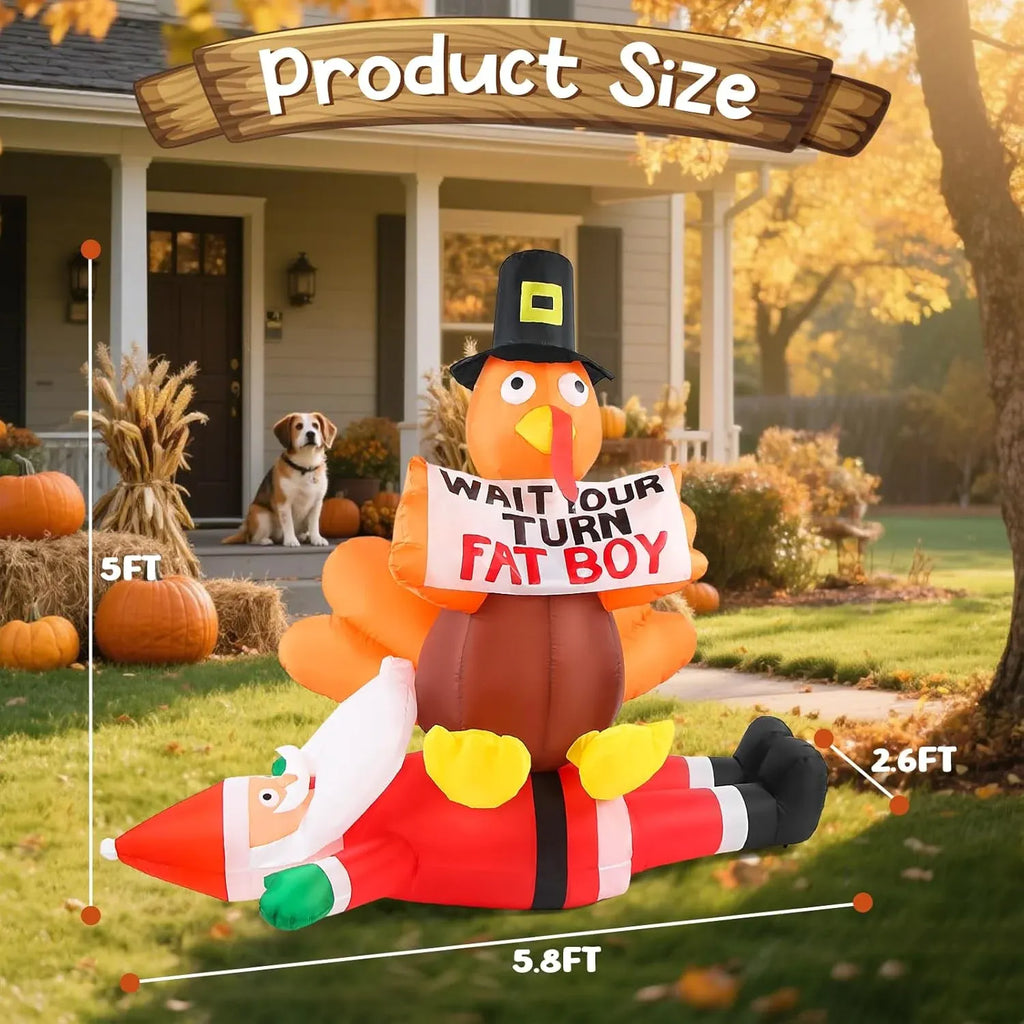 5FT Thanksgiving Turkey Inflatable Outdoor Decorations, Blow Up Turkey Sitting on Santa Claus with Sign, Built-in LED Lights Holiday DÃ©cor for Outside Lawn Garden Home Indoor