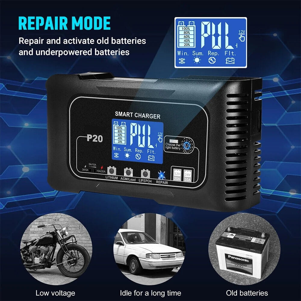 KingFurt Automatic Battery Charger - Intelligent 12V/24V Charging, LCD Display, 20A Amp, All-in-One Solution for Cars, RVs, Trucks