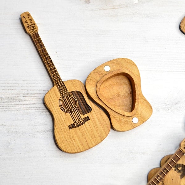 Engraved Guitar Pick Box with Oak Stand and Three Picks, Personalized Keepsake