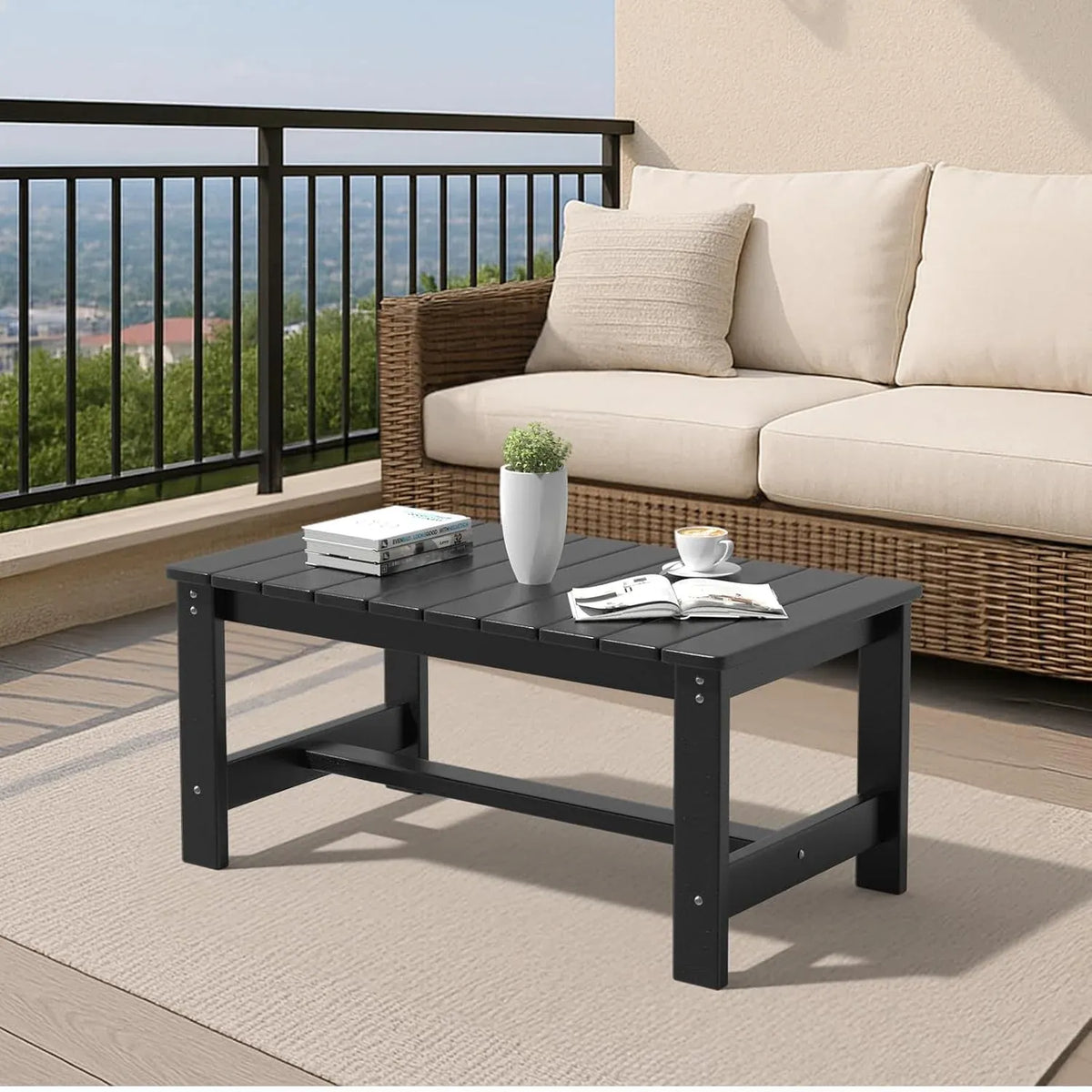 Outdoor Coffee Table, HDPE Patio Coffee Table for Outside, All-Weather Rectangle Coffee Table for Deck, Garden, Balcony, Porch, Indoor & Outdoor Use, Black