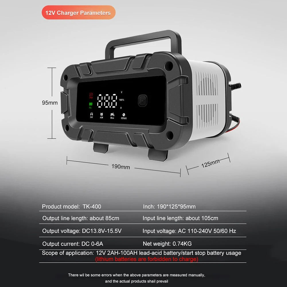 Car and Motorcycle Battery Charger 12V/6A Intelligent Pulse Repair Charger