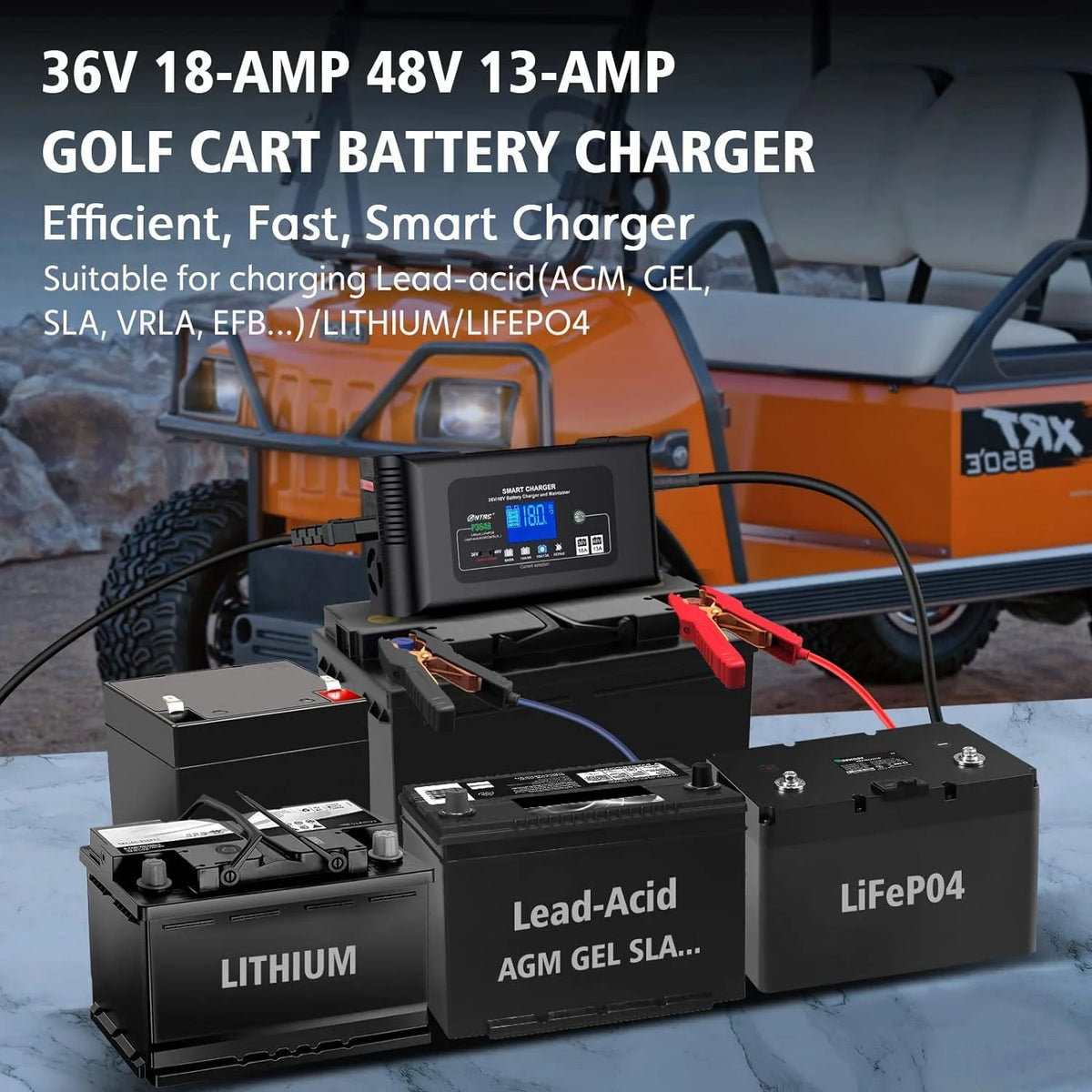 Golf cart Battery Charger, 48V 13A and 36V 18A Trickle Battery Charger,48 Volt cart Golf Charger,for 48 Volt Club Golf Car,Lithium,LiFePO4,Lead-Acid AGM/Gel/SLA..Battery Charger,3 Pin Round Plug