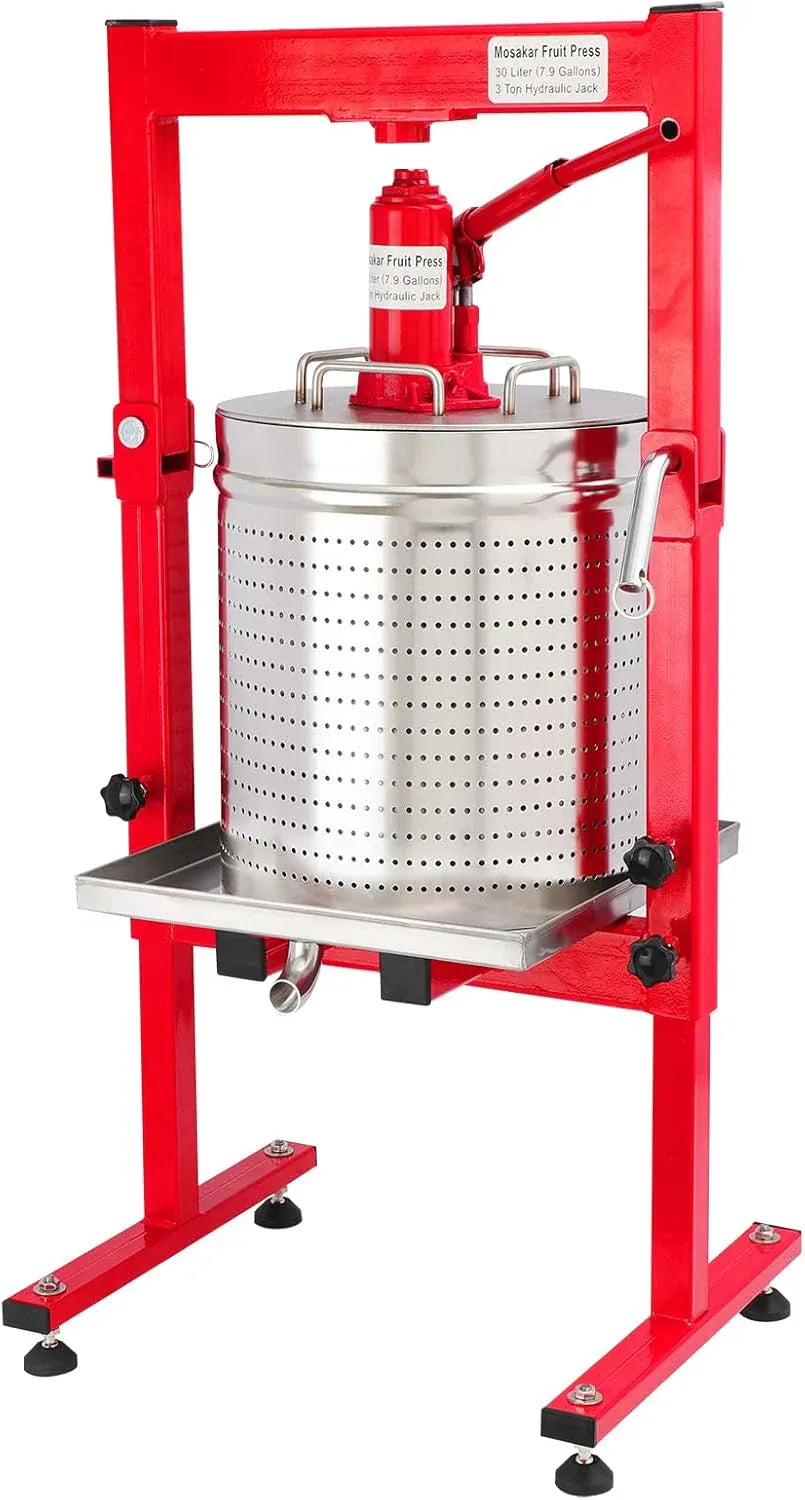 7.93 Gallon / 30L Mosakar Hydraulic Fruit Press. 3 Ton Pressure. Parts contact with Juice are AISI 304 Stainless Steel. Home Use Grape Apple Wine Cider Juice Press