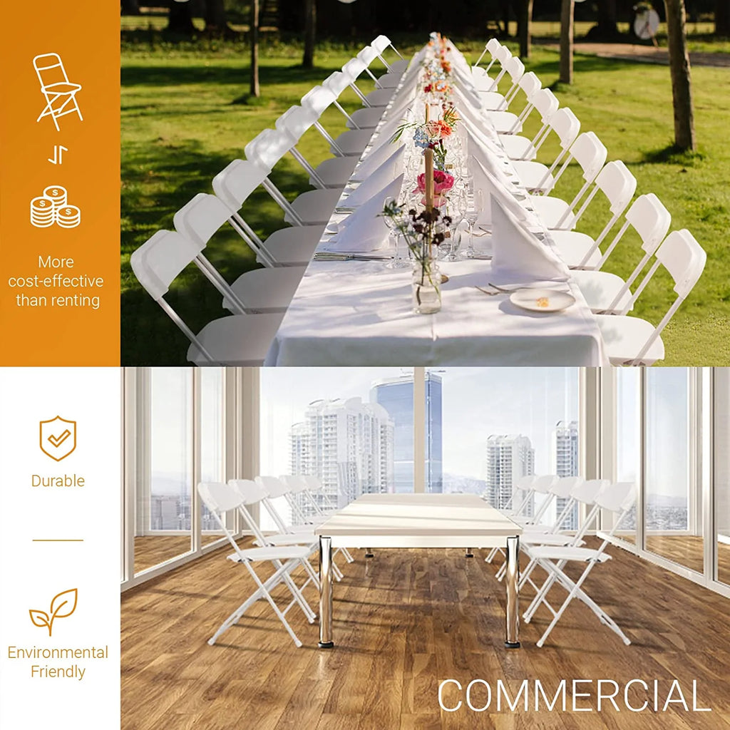 VINGLI 10 Pack White Plastic Folding Chair， Indoor Outdoor Portable Stackable Commercial Seat with Steel Frame 350lb. Capacity for Events Office Wedding Party Picnic Kitchen Dining