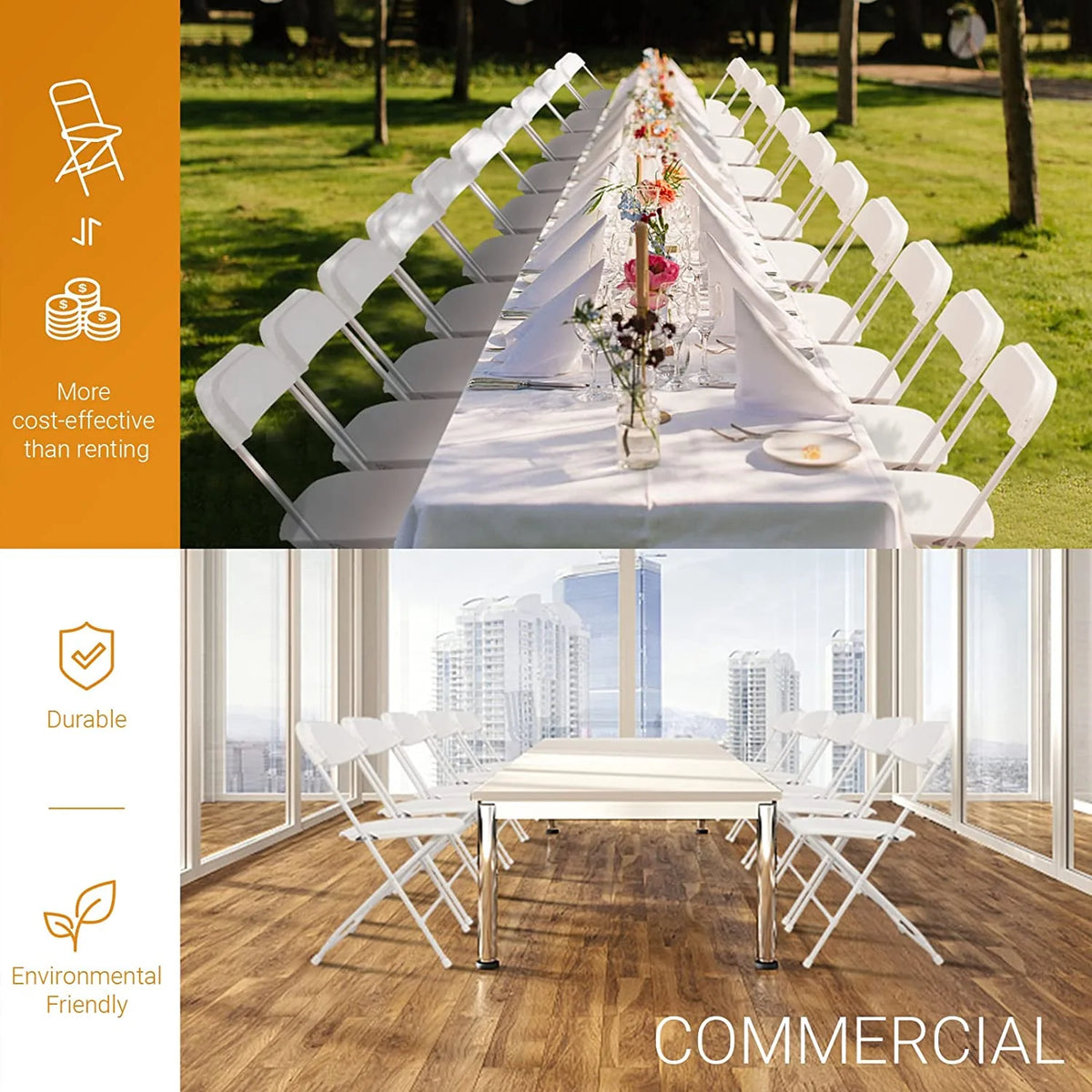 VINGLI 10 Pack White Plastic Folding Chair， Indoor Outdoor Portable Stackable Commercial Seat with Steel Frame 350lb. Capacity for Events Office Wedding Party Picnic Kitchen Dining
