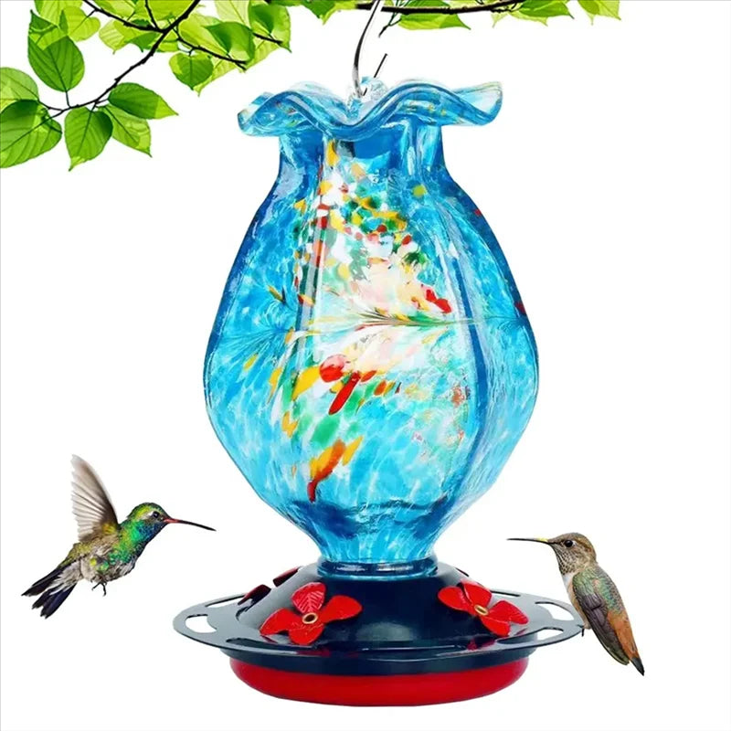 Hand Blown Glass Hummingbird Feeder with Bee Proof Ports and Ant  Moat