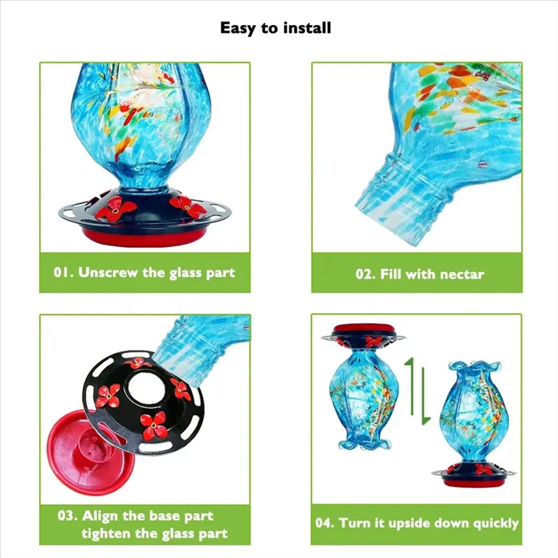 Hand Blown Glass Hummingbird Feeder with Bee Proof Ports and Ant  Moat