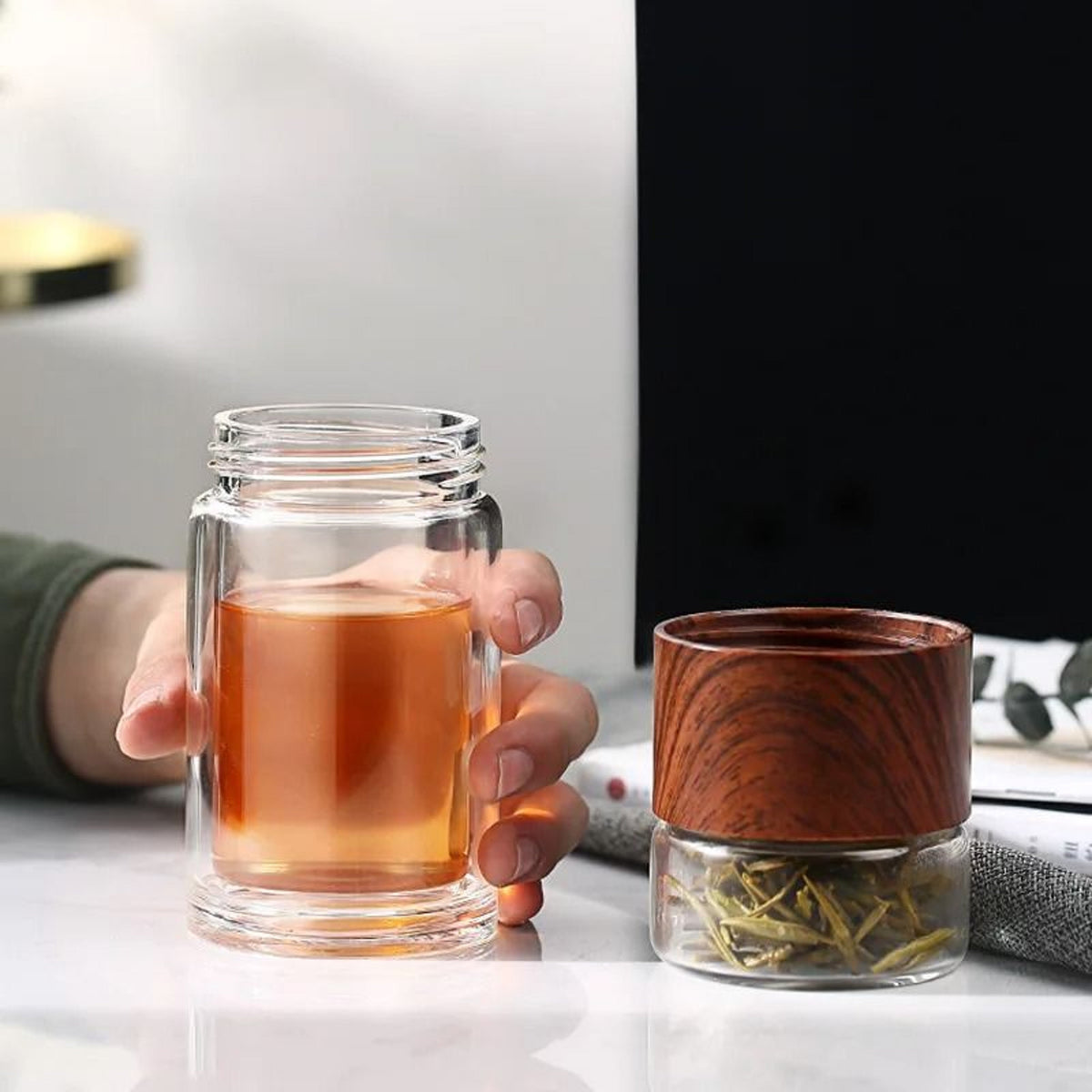 Glass Tea Infuser Bottle with Built-in Stainless Filter and Double Wall Insulation,  201-300ml