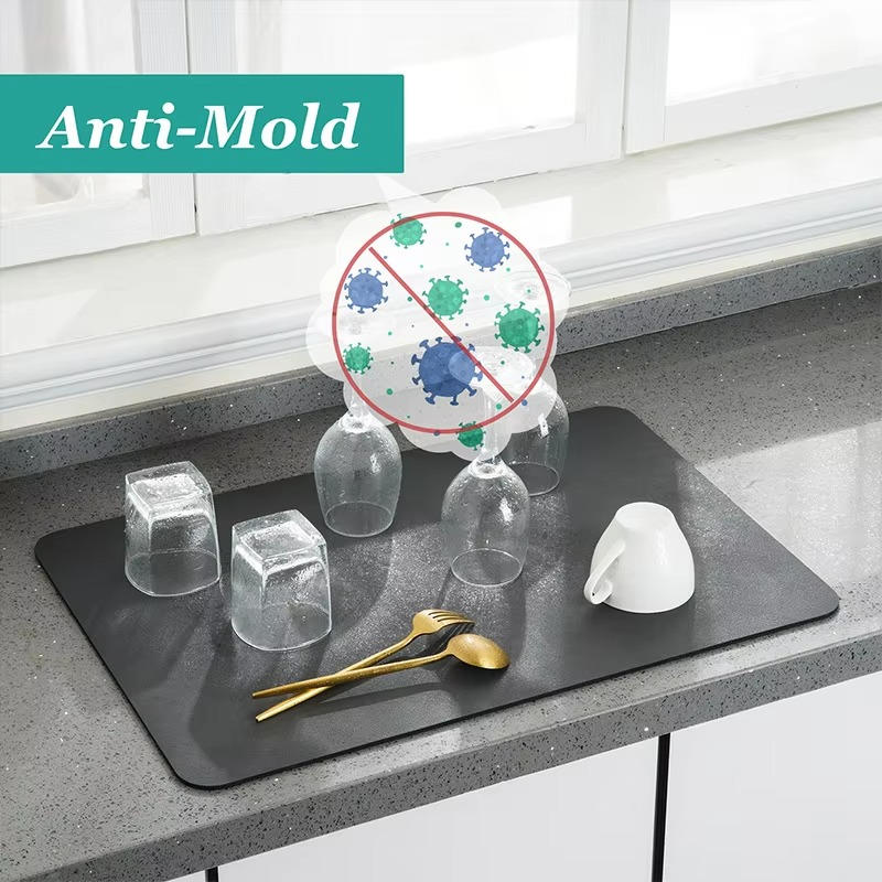 Diatom Mud Dish Drying Mat with Rubber Non-Slip Base and Antimold  Protection