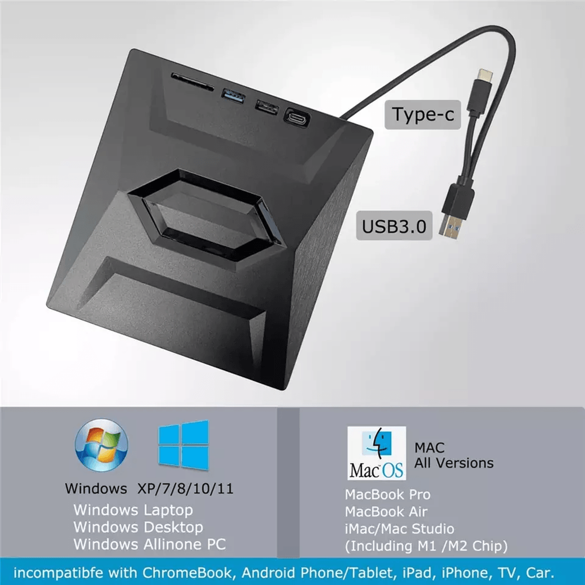 External Optical Drive with SD Card Slot and USB Hub for PC Mac  Laptops