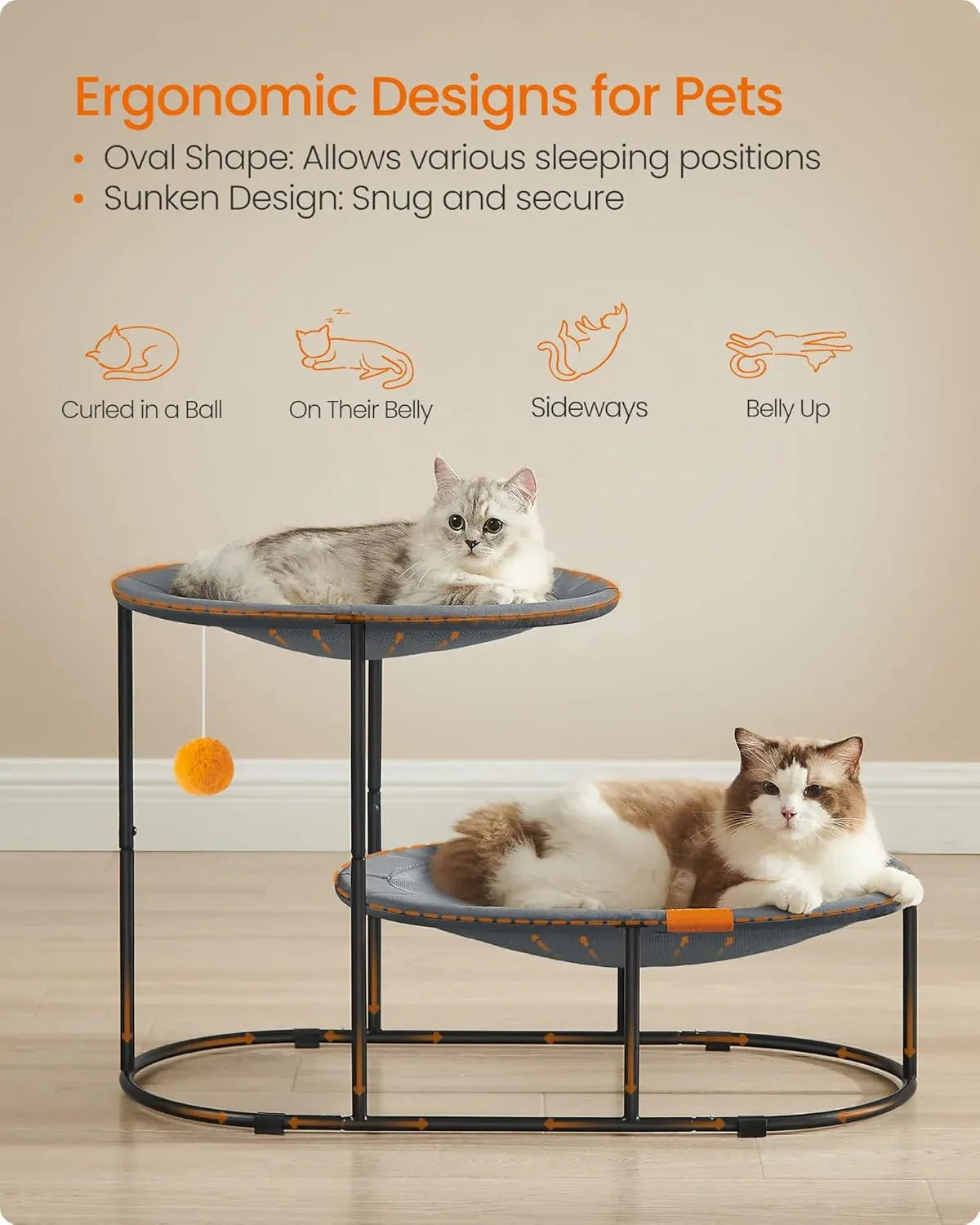 Feandrea 2-Tier Elevated Cat Hammock Bed, Breathable Furniture for Multi-Cat Households Indoor and Outdoor, with Removable Washable Mesh, Steel Frame, for Summer, Dove Gray UPCB012G01