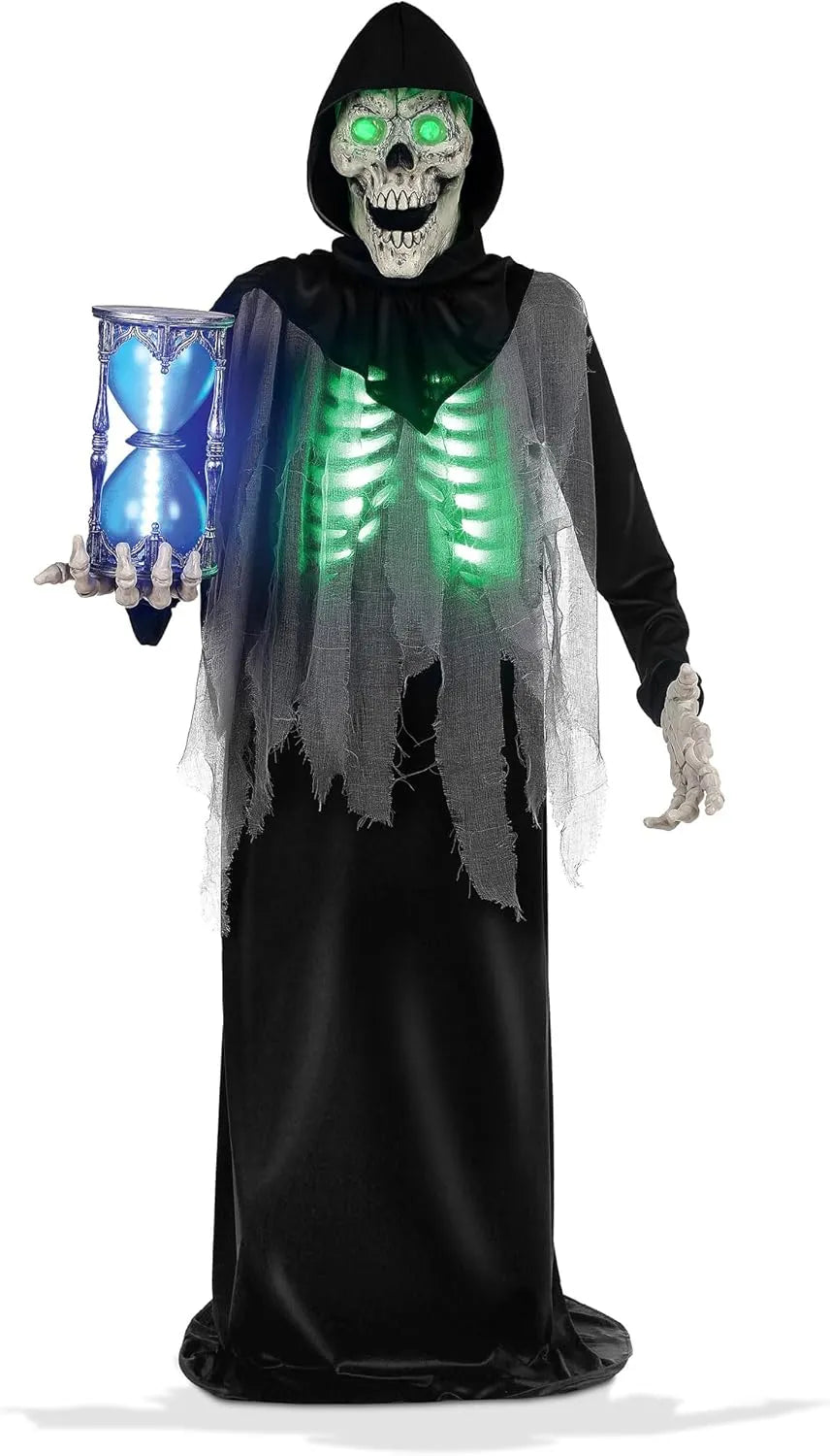 6.5ft Halloween Animatronic Grim Reaper, Mr. Grim Outdoor Halloween Decoration Standing Poseable Figure with Rotating Head, Light-up, Sound and Motion Activated