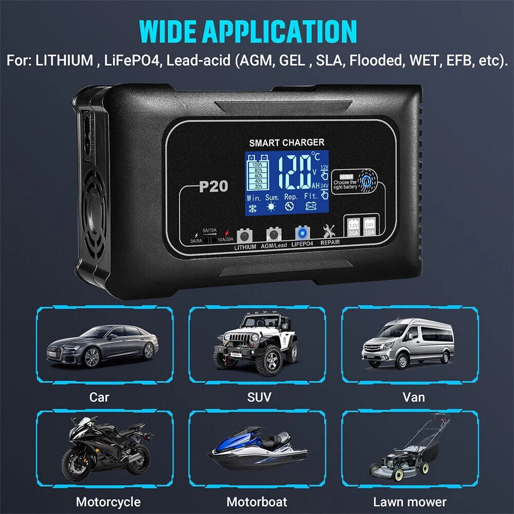 KingFurt Automatic Battery Charger - Intelligent 12V/24V Charging, LCD Display, 20A Amp, All-in-One Solution for Cars, RVs, Trucks