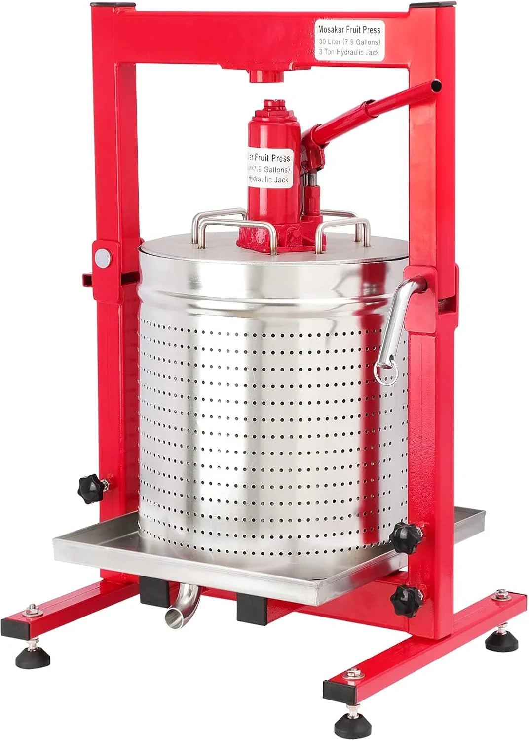7.93 Gallon / 30L Mosakar Hydraulic Fruit Press. 3 Ton Pressure. Parts contact with Juice are AISI 304 Stainless Steel. Home Use Grape Apple Wine Cider Juice Press