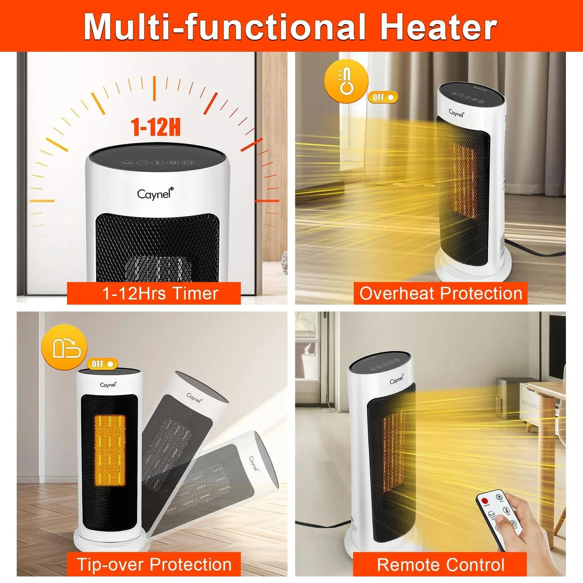 Caynel Oscillating Tower Ceramic Heaters for Home, Electric Space Heater with Thermostat 12-Hour Timer, 1500W, White