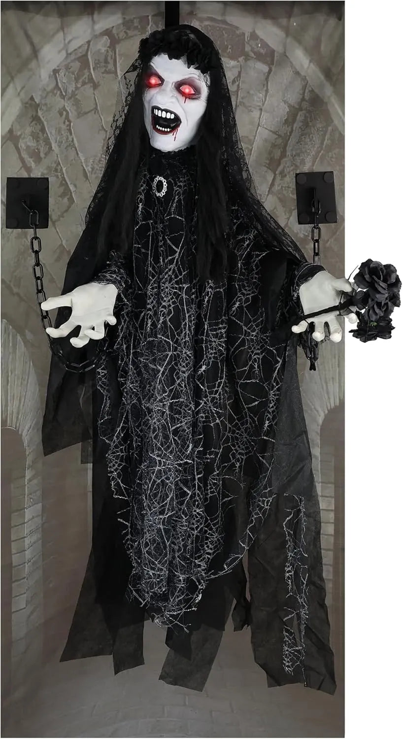 Haunted Hill Farm Life-Size Halloween Animatronic, Scary Talking Zombie Maid with Touch Activated Lights and Sounds, Battery Operated Indoor or Covered Outdoor Halloween Decorations for Home