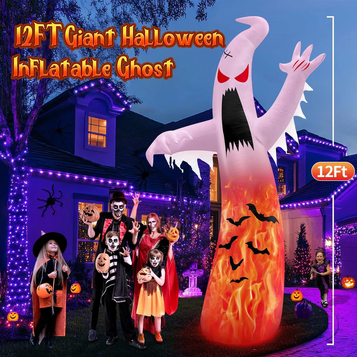 12FT Giant Halloween Inflatables Decoration Ghost with 3-Colored Flame Rotation LED Light Spooky Halloween Decorations Outdoor Blow Up Yard Decorations for Home Lawn Holiday Partyï1⁄4?PCS