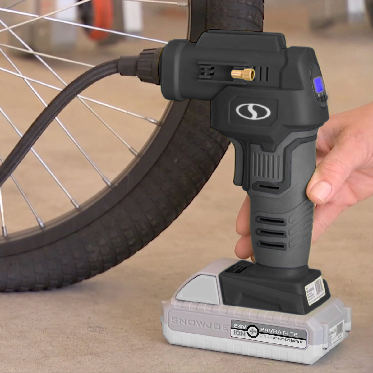 Sun Joe 24V-AJC-LTE-BLK Cordless Portable Air Compressor with Nozzle Adapters, Automatic Digital Pressure Gauge, Built-in LED Light & Case | 24-Volt | 2.0-Amp (Black)
