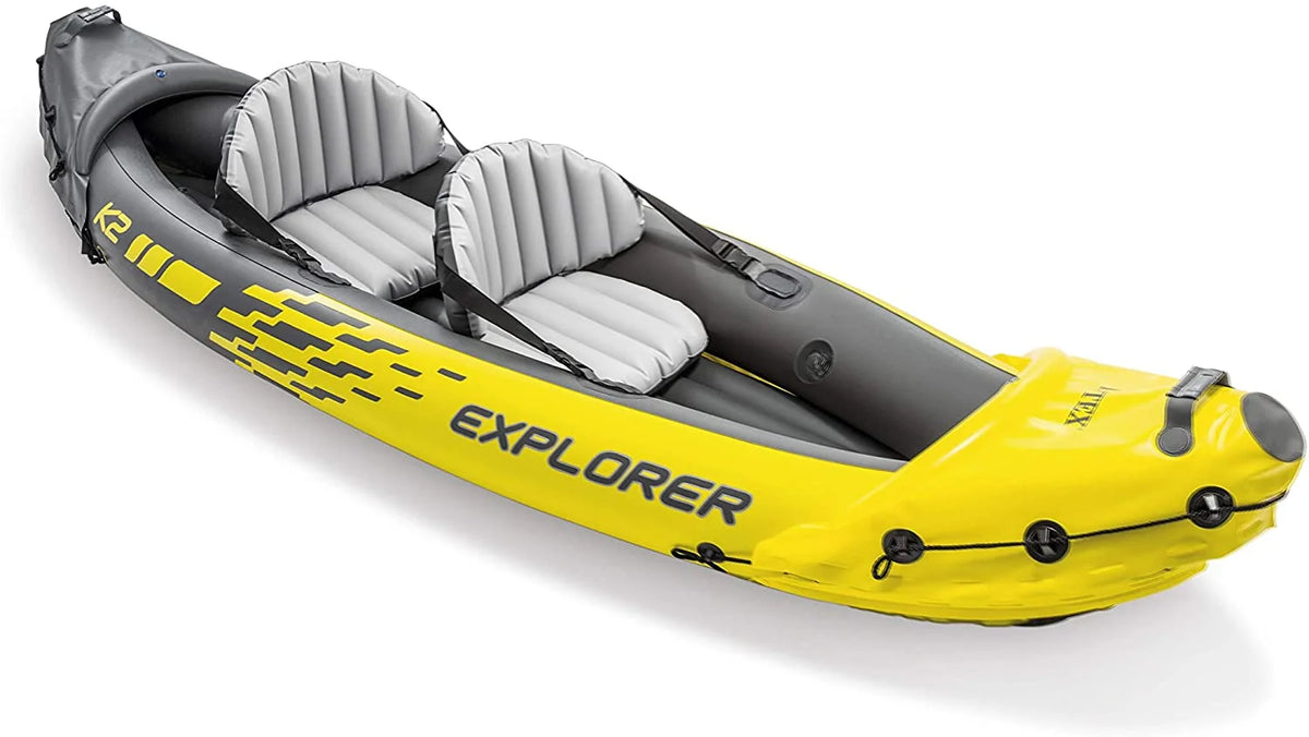 Explorer K2 Kayak， 2-Person Inflatable Kayak Set with Aluminum Oars and High Output Air Pump