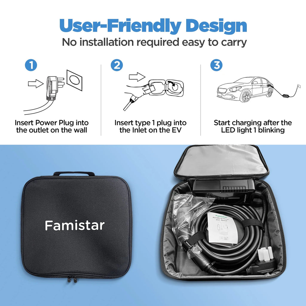 Famistar Level 1 & 2 EV Charger, 25 ft Adj. 8-32A 100-240V Portable Electric Car Fast Charger, Plug-in Electric Vehicle Charger Staion for J1772 EVS Green