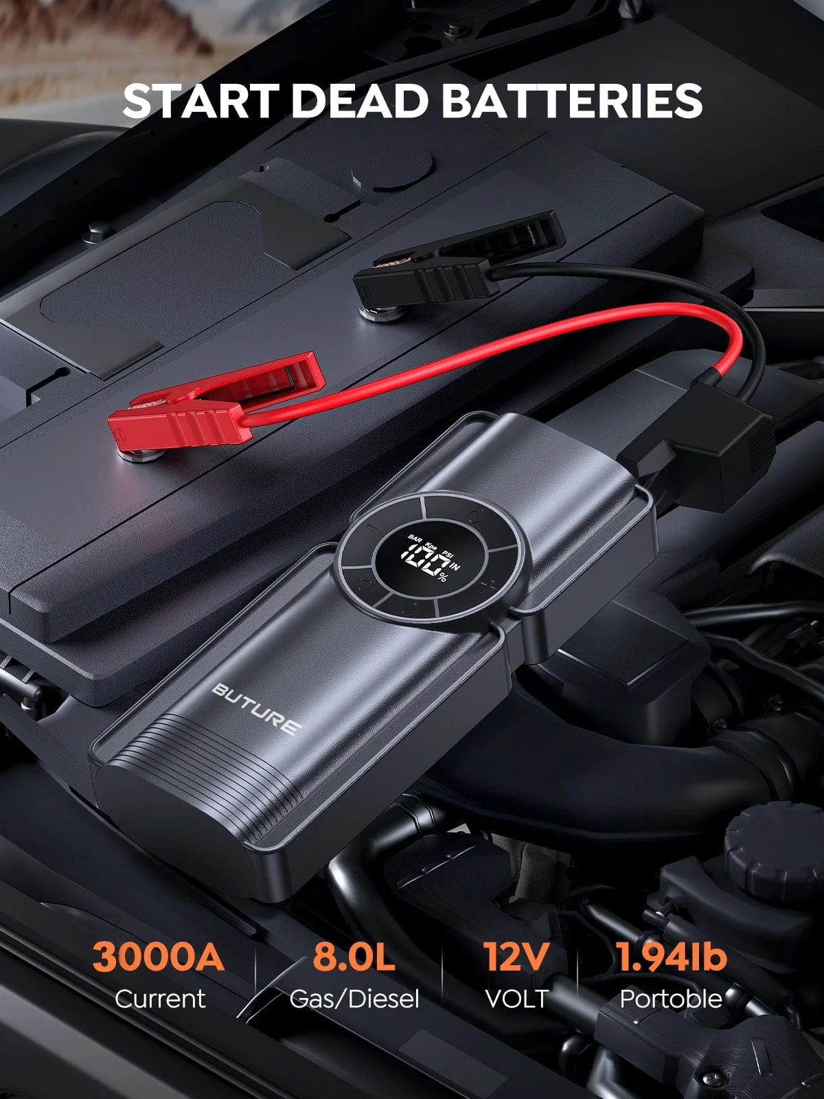 Car Jump Starter With Air Compressor Power Bank 3000A 20000mAh 12V Car Battery Jump Starter 150PSI Digital Tire Inflator Portable Battery Jump Box Buture