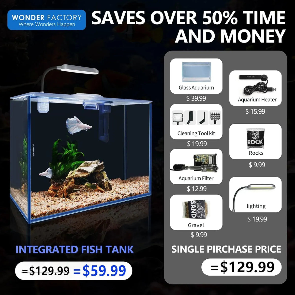 Small Aquarium Set Glass 2.6 Gallon Fish Tank, Starter Kit with Heater Self Cleaning System Efficiency Filter Bright Light Rocks Gravel Cleaning Tool, Leak-Proof Ultra-Clear Rimless Desktop Betta Tank