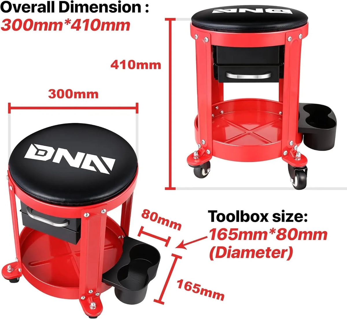 Motoring TOOLS-00197 Round Mechanics Roller Seat Creeper Stool With Padded Cushion, Tool Storage Drawer & Tray, 300 Lbs Max Weight Capacity