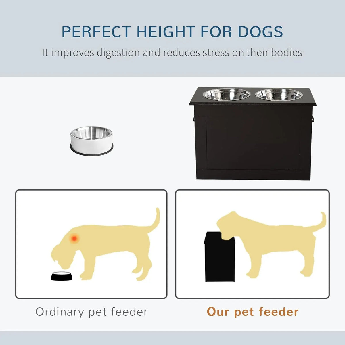 PawHut Raised Pet Feeding Storage Station with 2 Stainless Steel Bowls Base for Large Dogs and Other Large Pets, Coffee