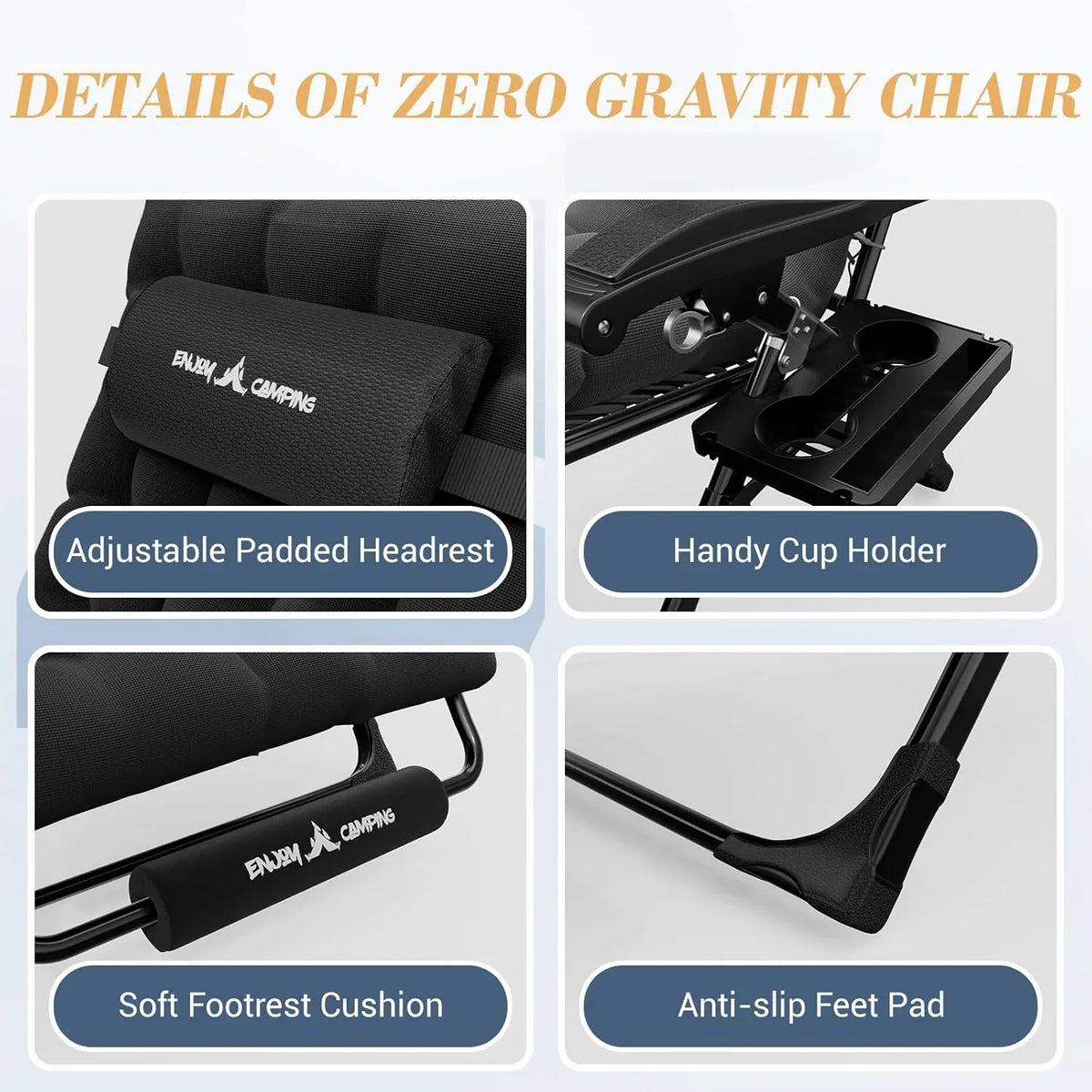 Amopatio Oversized Zero Gravity Chair with Cushion, XL Folding Outdoor Lounge Reclining Patio Chair with Tray/Footrest/Headrest for Camping Sunbathing Relaxing