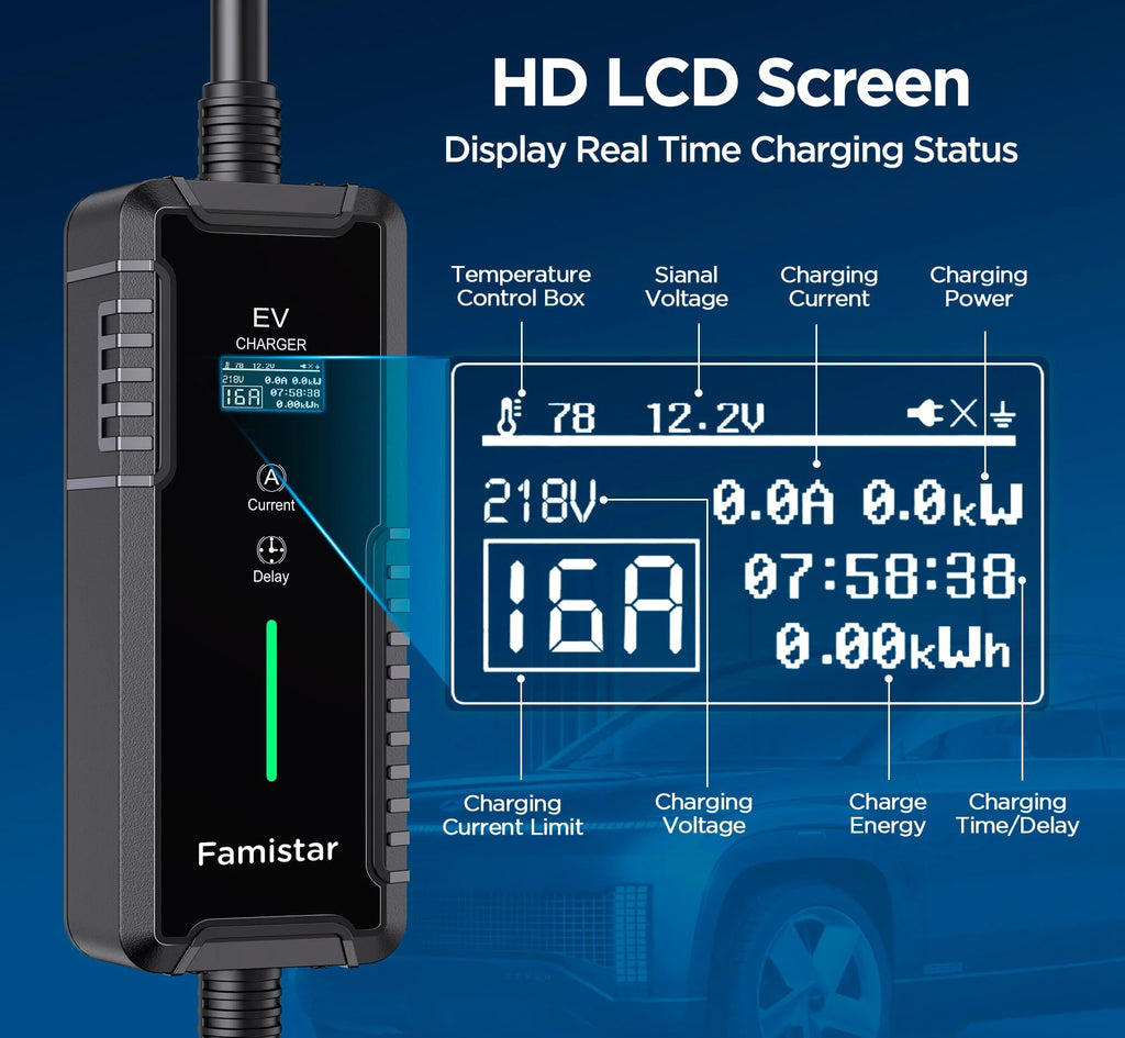 Famistar Level 2 & Level 1 EV Charger, 16Amp 110-240V Portable J1772 Electric Car Charger with Adjustable Amp Delayed Timer 25ft Long Cord