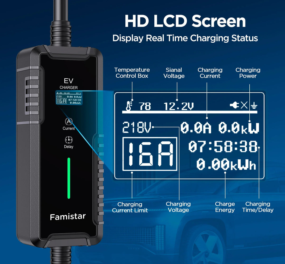 Famistar Level 2 & Level 1 EV Charger, 16Amp 110-240V Portable J1772 Electric Car Charger with Adjustable Amp Delayed Timer 25ft Long Cord