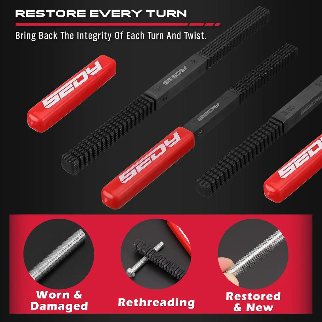 Thread Repair Thread Chaser Tool Set - 49PCS Thread Cleaner Rethreading Master Kit Metric SAE Bolt Restorer File Nut Rethreader Automotive Wheel Stud Spark Plug Engine Standard Screw Threading UNC UNF