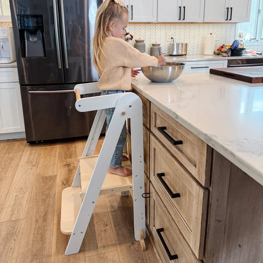 Foldable Toddler Kitchen Tower, Standing Stools for Kids Age 1.5-6 Years, White