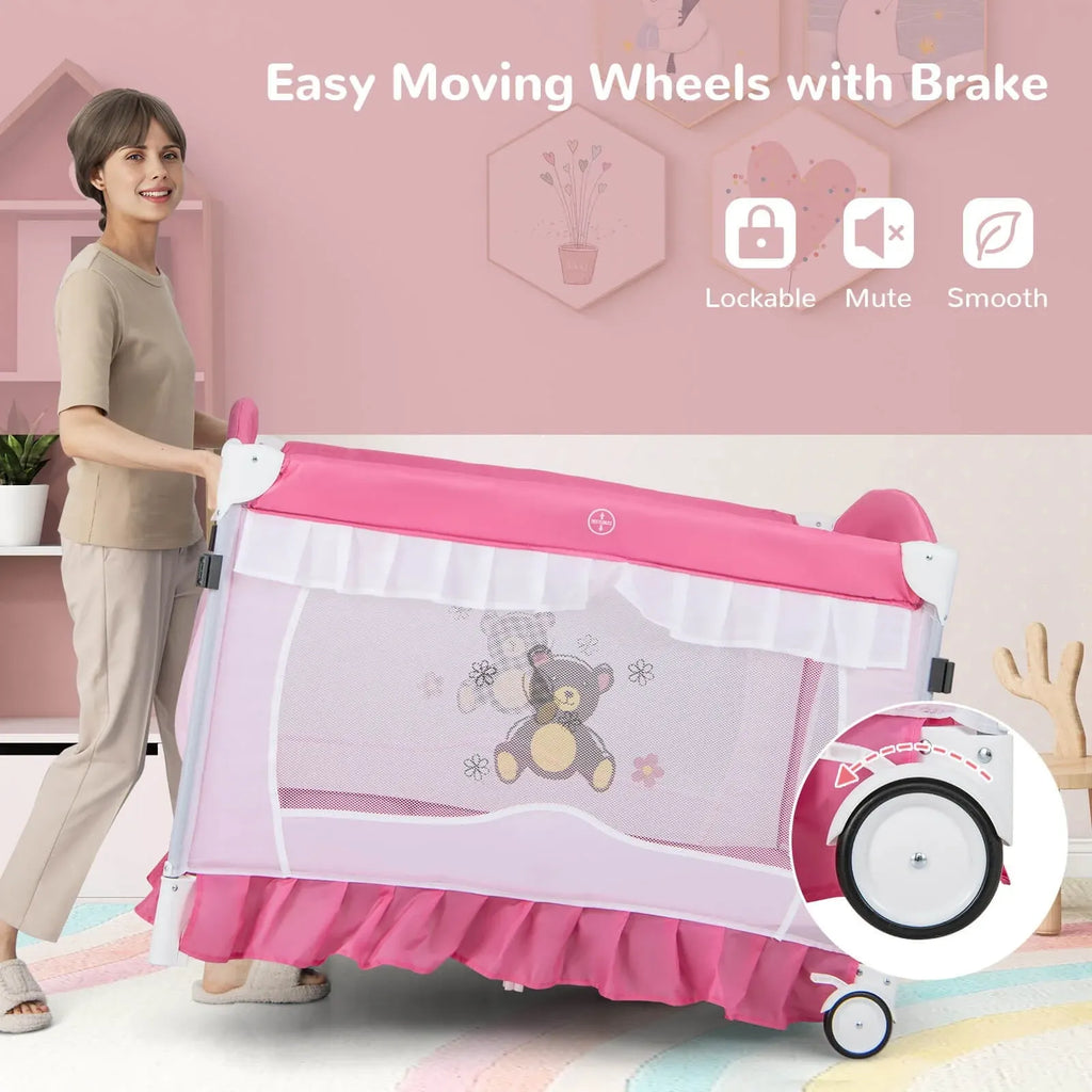 Costway Baby Playard Crib Bed 4 in 1 Portable with Changing Table Canopy Music Box Pink