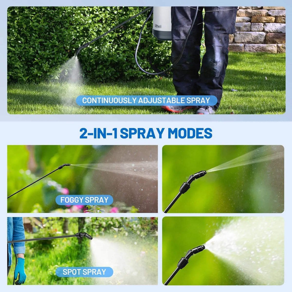 Litheli 20V Cordless Garden Sprayer, 1.3 Gallon/4.75L Pump Sprayer, Intelligent Pump Pressure Control, 2 Spray Modes for Spraying Plants, Garden Watering, with 2.0Ah Battery Included