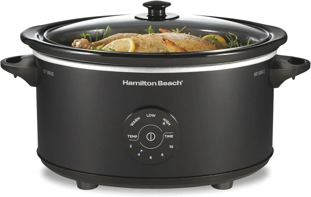 Hamilton Beach 6 Quart Set & Forget Programmable Slow Cooker with Defrost Function, Flexible Programming, Adjustable Countdown Timer, Large Dishwasher Safe Stoneware Crock and Glass Lid, Black (33765)