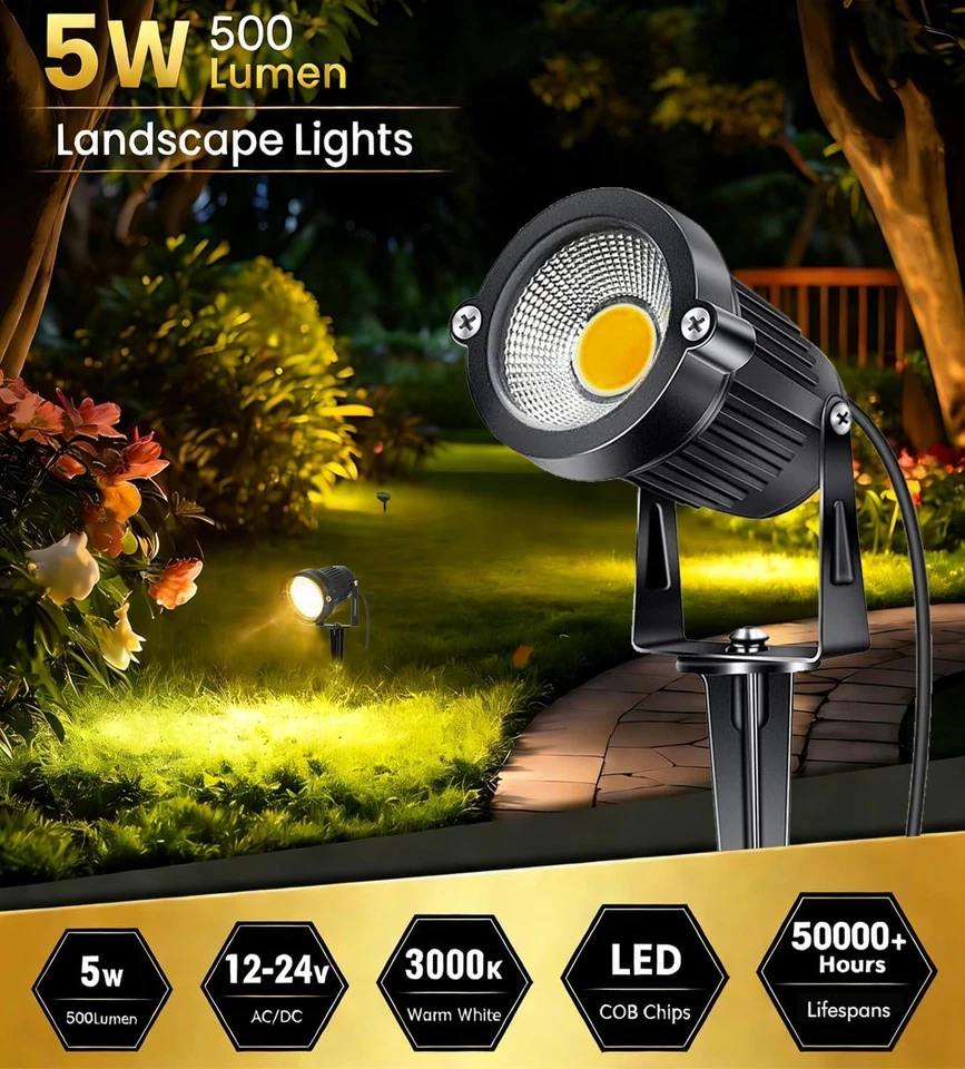 12V LED Landscape Spotlight with 270-Degree Adjustable Head and Ground Spike, 10-Pack