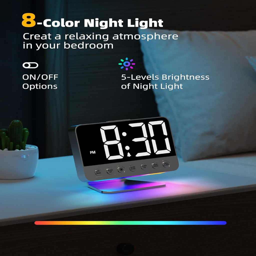 Digital Alarm Clock with Battery Backup and Phone Charging, 2-Inch Large Display